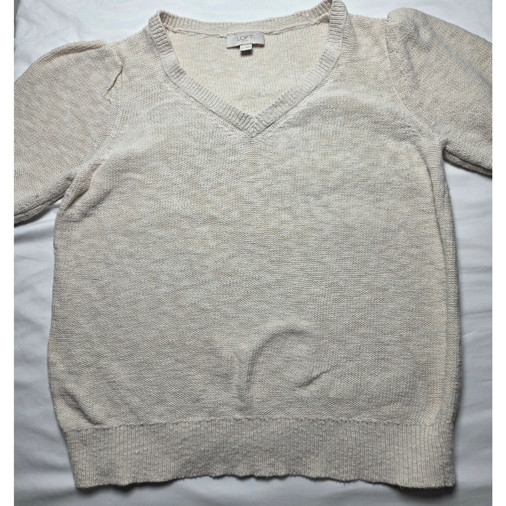 Loft Outlet Womens Medium Beige Cotton Knit V-Neck Puff Sleeve Sweater
